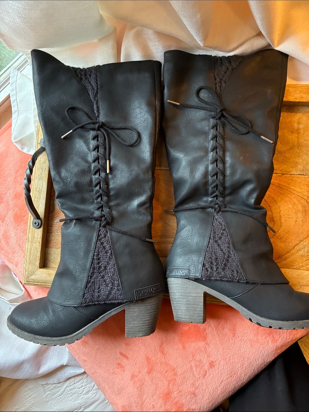 Muk Luks Black Mid-Calf Block Heel Boots with Lace-Up/Sweater Details- Size 8 - Picture 14 of 16